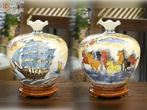 Bình hút lộc miệng lượn men màu Nhị Cảnh Thuận Buồm Xuôi Gió - Mã Đáo Thành Công vẽ vàng 24k, cao 30cm