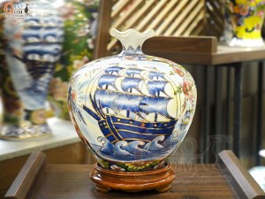 Bình hút lộc miệng lượn men màu Nhị Cảnh Thuận Buồm Xuôi Gió - Bách Nhi vẽ vàng 24k, cao 30cm