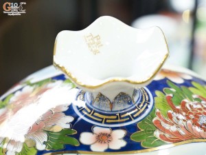 Bình hút lộc miệng lượn men màu Nhị Cảnh Thuận Buồm Xuôi Gió - Bách Nhi vẽ vàng 24k, cao 30cm