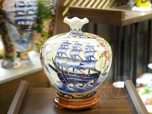 Bình hút lộc miệng lượn men màu Nhị Cảnh Thuận Buồm Xuôi Gió - Bách Nhi vẽ vàng 24k, cao 30cm