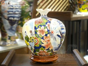 Bình hút lộc miệng lượn men màu Nhị Cảnh Thuận Buồm Xuôi Gió - Bách Nhi vẽ vàng 24k, cao 30cm