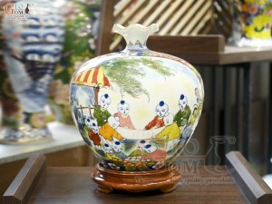 Bình hút lộc miệng lượn men màu Nhị Cảnh Thuận Buồm Xuôi Gió - Bách Nhi vẽ vàng 24k, cao 30cm