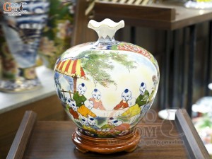 Bình hút lộc miệng lượn men màu Nhị Cảnh Thuận Buồm Xuôi Gió - Bách Nhi vẽ vàng 24k, cao 30cm