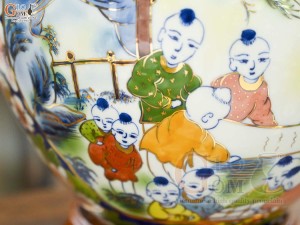 Bình hút lộc miệng lượn men màu Nhị Cảnh Thuận Buồm Xuôi Gió - Bách Nhi vẽ vàng 24k, cao 30cm