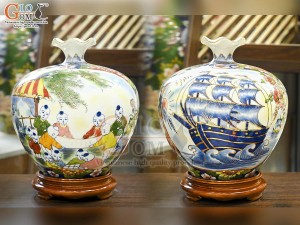 Bình hút lộc miệng lượn men màu Nhị Cảnh Thuận Buồm Xuôi Gió - Bách Nhi vẽ vàng 24k, cao 30cm