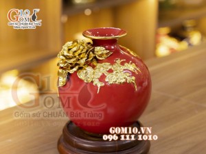 Bình hút lộc mini dát vàng, nền đỏ đắp nổi Thuận Buồm Xuôi Gió, cao 18cm