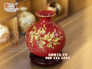 Bình hút lộc mini nền đỏ, đắp Đào dát vàng, cao 23cm