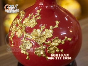 Bình hút lộc mini nền đỏ, đắp Đào dát vàng, cao 23cm