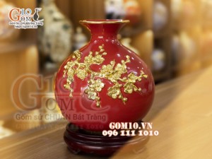 Bình hút lộc mini nền đỏ, đắp Đào dát vàng, cao 23cm
