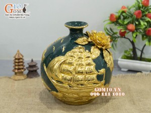 Bình hút lộc mini nền xanh, đắp nổi Thuận Buồm Xuôi Gió dát vàng, cao 26cm