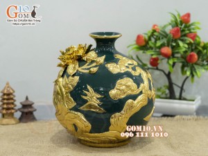 Bình hút lộc mini nền xanh, đắp nổi Thuận Buồm Xuôi Gió dát vàng, cao 26cm