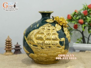 Bình hút lộc mini nền xanh, đắp nổi Thuận Buồm Xuôi Gió dát vàng, cao 26cm