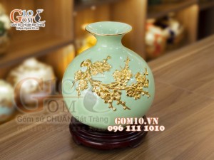 Bình hút lộc mini xanh ngọc, đắp Đào dát vàng, cao 23cm