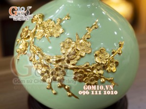 Bình hút lộc mini xanh ngọc, đắp Đào dát vàng, cao 23cm
