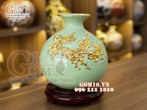 Bình hút lộc mini xanh ngọc, đắp Đào dát vàng, cao 23cm