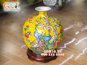 Bình hút lộc nền vàng đắp nổi Công Đào 36cm