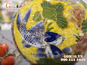 Bình hút lộc Nhị cảnh men màu vẽ vàng 24k, cảnh Thuận Buồm Xuôi Gió và Chép Sen, cao 30cm