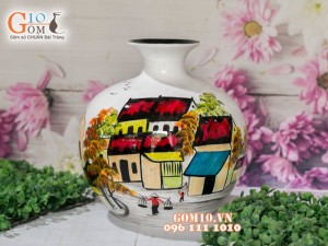 Bình hút lộc sơn mài 3D vẽ phố cổ 23cm