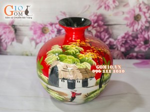Bình hút lộc sơn mài đỏ vẽ làng quê 23cm