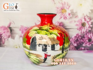 Bình hút lộc sơn mài đỏ vẽ làng quê 23cm