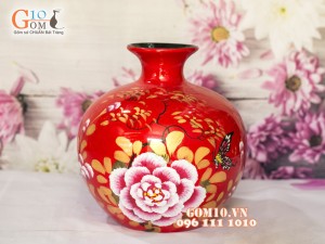 Bình hút lộc sơn mài đỏ vẽ phù dung 23cm