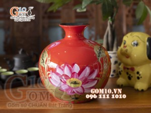 Bình hút lộc sơn mài nền đỏ vẽ hoa sen, 23cm
