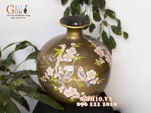 Bình hút lộc sơn mài nền nâu họa tiết Chim Hoa rạn, cao 31cm