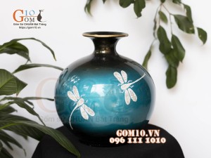 Bình hút lộc sơn mài nền xanh họa tiết Chuồn rạn, cao 24cm