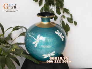 Bình hút lộc sơn mài nền xanh họa tiết Chuồn rạn, cao 31cm
