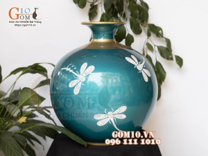 Bình hút lộc sơn mài nền xanh họa tiết Chuồn rạn, cao 31cm