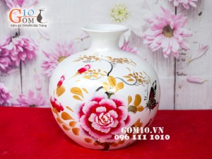Bình hút lộc sơn mài trắng vẽ hoa mẫu đơn 31cm