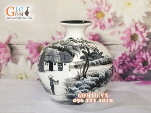 Bình hút lộc sơn mài trắng vẽ làng quê 23cm