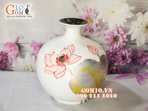 Bình hút lộc sơn mài trắng vẽ sen lá bạc 23cm