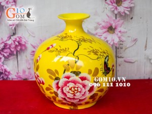 Bình hút lộc sơn mài vàng vẽ hoa mẫu đơn 31cm