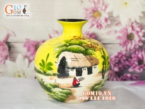 Bình hút lộc sơn mài vàng vẽ làng quê 37cm
