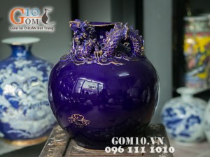 Bình hút lộc tím đắp nổi rồng vẽ vàng 32cm
