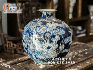 Bình hút lộc vẽ cá chép vượt ngũ môn hóa rồng vàng kim 38cm