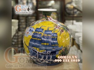 Bình hút lộc vẽ Thuận buồm xuôi gió - Công thành danh toại men vàng cao 35cm