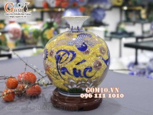 Bình hút lộc vẽ vàng 24k họa tiết Vạn Phúc - Vạn Thọ cao 35cm