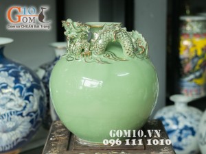 Bình hút lộc xanh đắp nổi rồng vẽ vàng 32cm