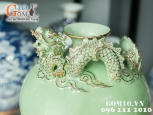 Bình hút lộc xanh đắp nổi rồng vẽ vàng 32cm