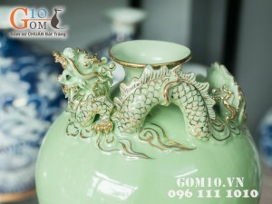 Bình hút lộc xanh đắp nổi rồng vẽ vàng 32cm