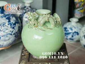Bình hút lộc xanh đắp nổi rồng vẽ vàng 20cm