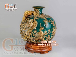 Bình hút tài lộc Công Đào đắp nổi vẽ vàng 24k, nền xanh lục bảo - cao 40cm