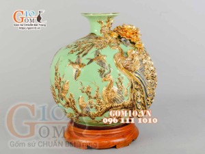 Bình hút tài lộc Công Đào đắp nổi vẽ vàng 24k, xanh ngọc - cao 35cm