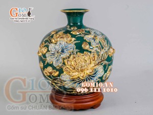 Bình hút tài lộc đắp nổi hoa Sen vẽ vàng 24k, nền xanh lục bảo - cao 30cm