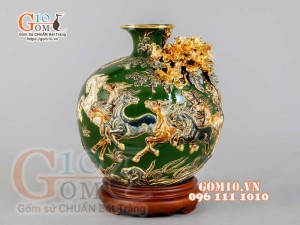Bình hút tài lộc Mã Đáo Thành Công đắp nổi vẽ vàng 24k, nền xanh - cao 30cm