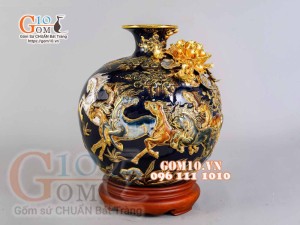 Bình hút tài lộc Mã Đáo Thành Công đắp nổi vẽ vàng 24k, nền xanh coban - cao 40cm