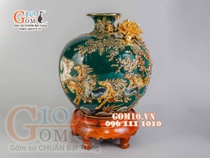 Bình hút tài lộc Mã Đáo Thành Công đắp nổi vẽ vàng 24k, nền xanh lục bảo - cao 30cm