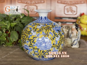 Bình hút tài lộc men lam họa tiết Hoa dây, cao 35cm